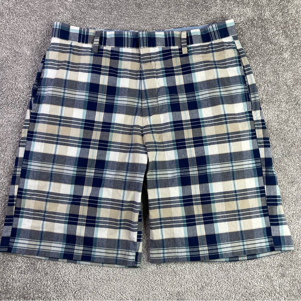 Nautica Shorts Men's 34 Blue Plaid Pockets Flat Front Casual Cotton Summer - Picture 1 of 13